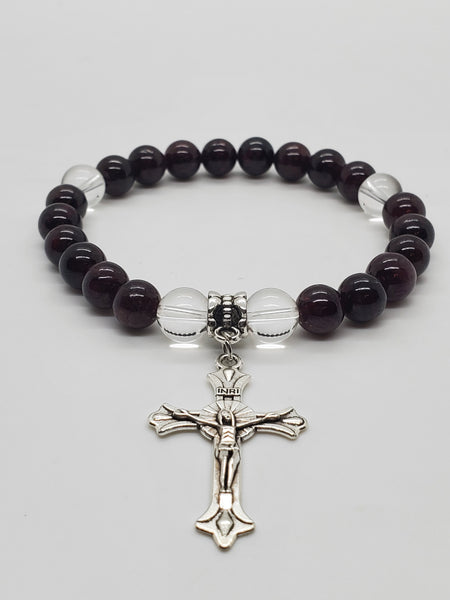 Garnet &  Crystal Quartz Cross Charm Bracelet